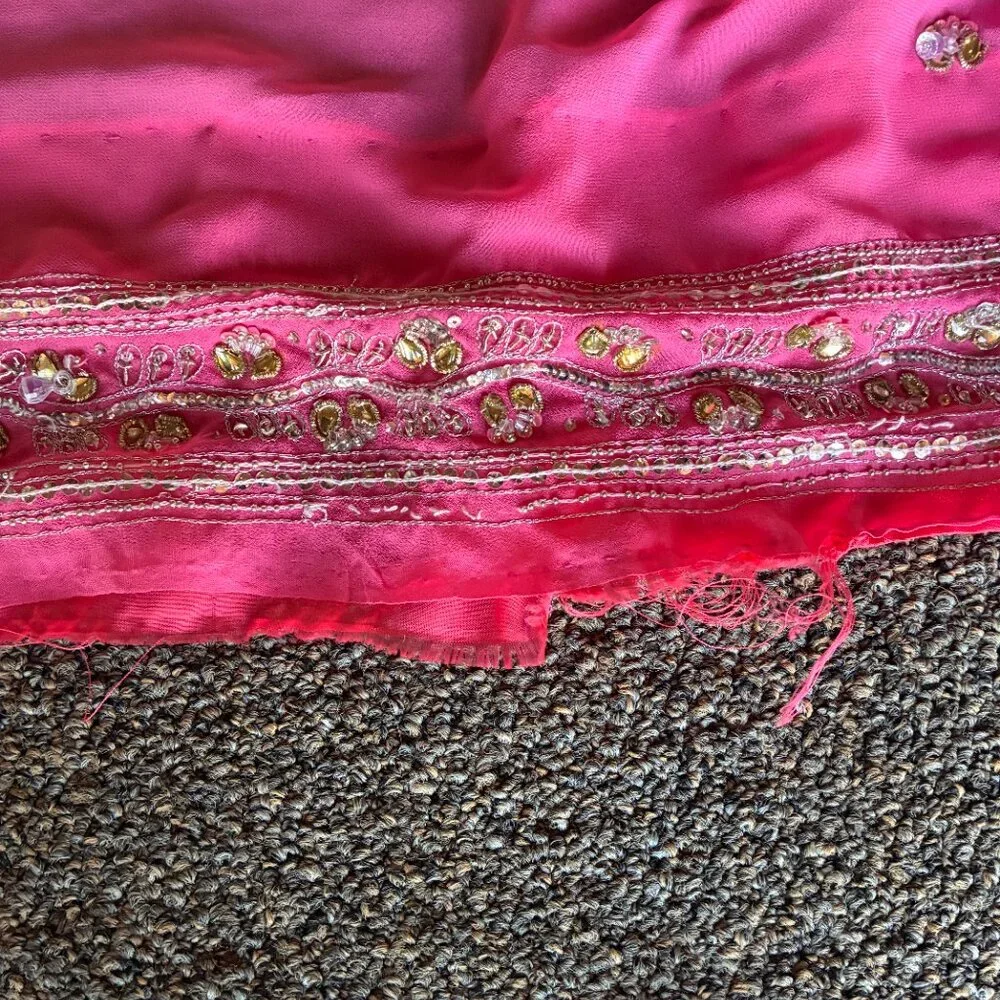Elegant Pink Chiffon Sari with Clear Beads and Yellow Rhinestones - Picture 6 of 6
